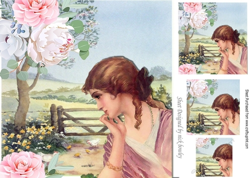 Pretty vintage lady in the meadows in deep thought with roses 8x8