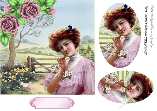 Pretty vintage lady in the meadows with pink roses oval pyramids 7x7