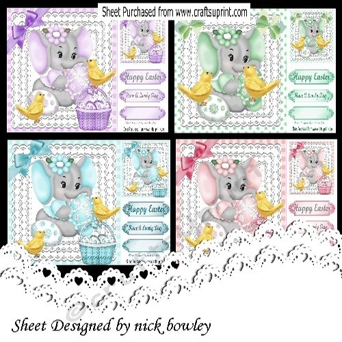 4 Lovely Cards of eles with chicks a variety of colours in 8x8 frames mini kit