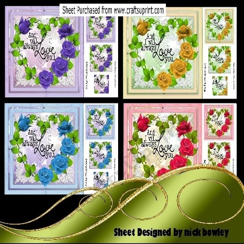 4 Lovely card fronts with roses, heart  and script 8x8 mini kit