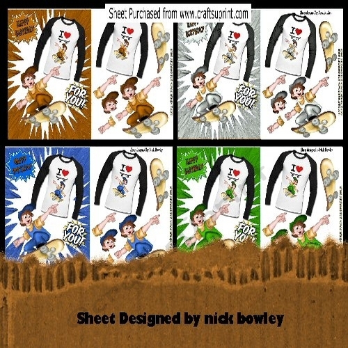 4 Lovely A5  card fronts with t shirts and skate boarding  mini kit
