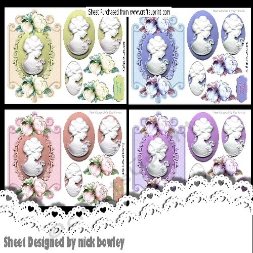 4 Beautiful cameo  ladies card fronts with roses, A5 card fronts mini kit