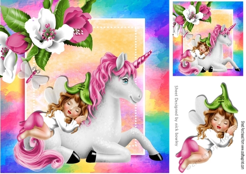 Sweet faerie sleeping on a unicorn with pink flowers in rainbow frame 8x8