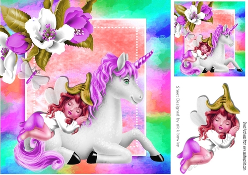 Sweet faerie sleeping on a unicorn with purple flowers in rainbow frame 8x8
