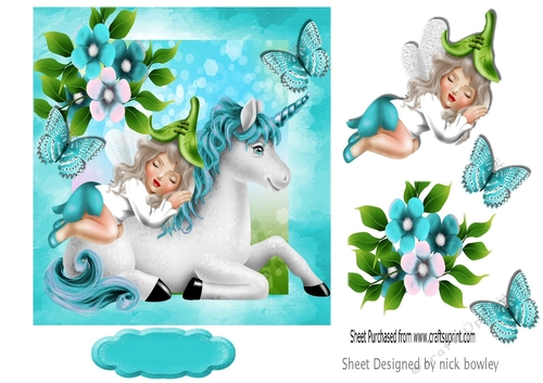 Sweet faerie sleeping on a unicorn with turq flowers with butterflies 7x7