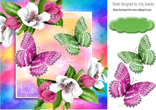 Pretty pink/white flowers with butterflies and rainbow 8x8 frame