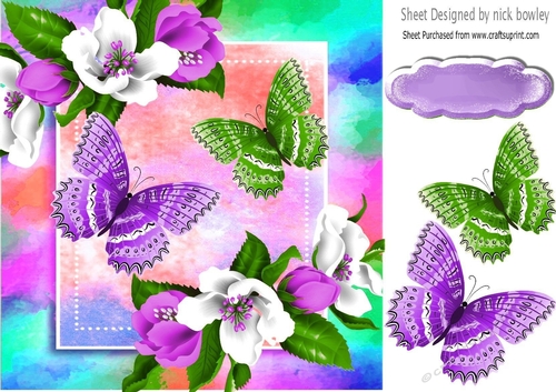 Pretty purple/white flowers with butterflies and rainbow 8x8 frame