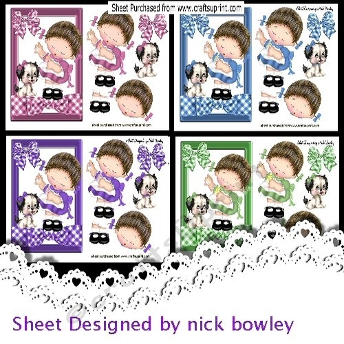 4 Lovely little girls with puppy and gingham bow A5 card fronts  mini kit