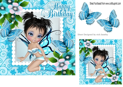 Gorgeous little faerie with blue/white flowers card front 7x7