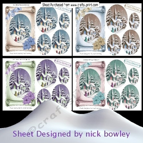 4 Lovely Christmas Church scenes on a scroll with oval pyramids A5