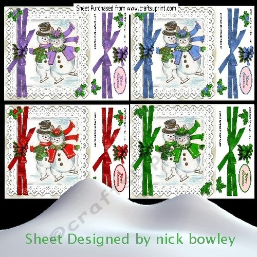 4 Lovely coloured  snowmen on lace with bow 8x8 mini kit