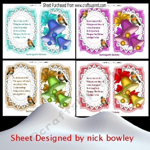 4 Lovely Bracket cards with christmas bells, robins and a verse mini kit