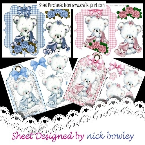 4 Cute little white teddy bears in pink/blue toppers mini kit