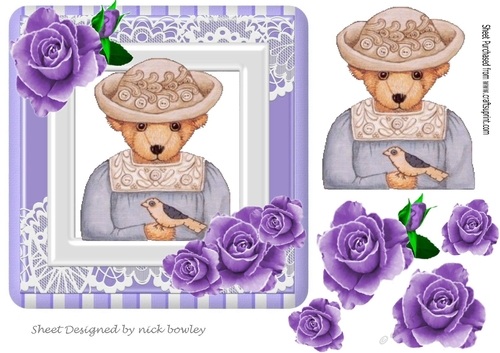 Pretty folklore teddy with lace and painted purple roses7x7
