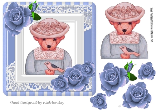 Pretty folklore teddy with lace and painted blue roses7x7