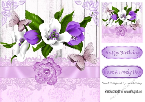 Pretty shades of purple flowers with paper butterflies and bow 8x8