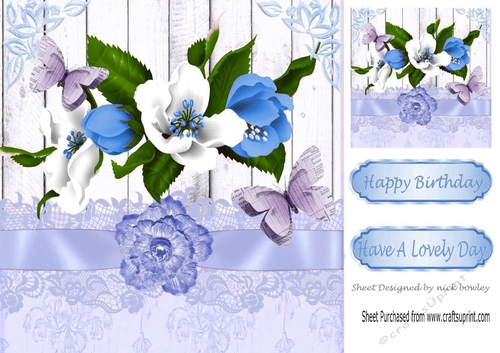 Pretty shades of blues flowers with paper butterflies and bow 8x8