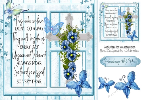 Lovely sympathy cross with blue butterflies & flowers 8x8