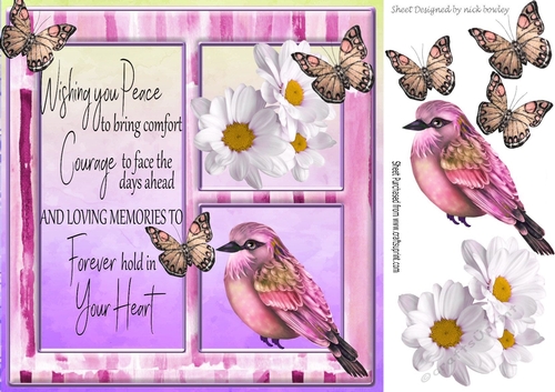 White daisies, and little pink bird with sympathy verse card front 8x8