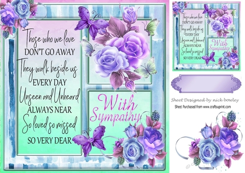 Lilac roses and pretty butterflies with sympathy verse window card front 8x8