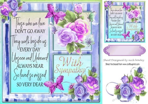  roses and pretty pink butterflies with sympathy verse window card front 8x8