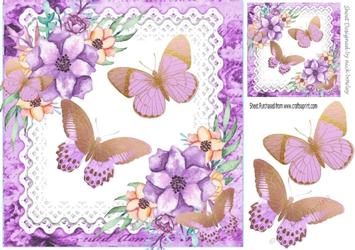 Pretty purple shades of watercolour flowers and butterflies on lace 8x8