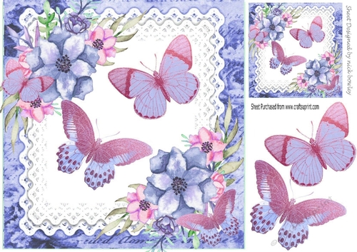 Pretty blue shades of watercolour flowers and butterflies on lace 8x8