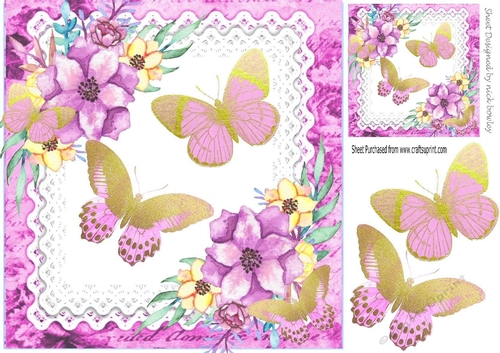 Pretty pink shades of watercolour flowers and butterflies on lace 8x8