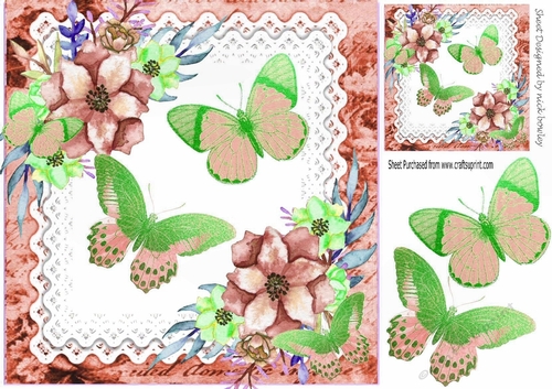 Pretty peach shades of watercolour flowers and butterflies on lace 8x8