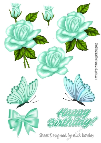 Pretty turq rose with buds and embelishments collage cut outs (set 3)