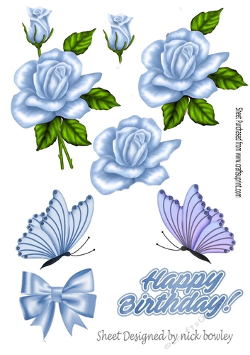 Pretty blue rose with buds and embelishments collage cut outs (set 4)
