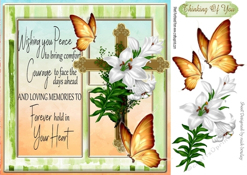 Lovely gold  sympathy cross with white lilies with verse, window card front 8x8