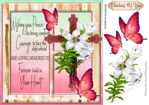 Lovely gold  sympathy cross with white lilies with verse, window card  (red) 8x8