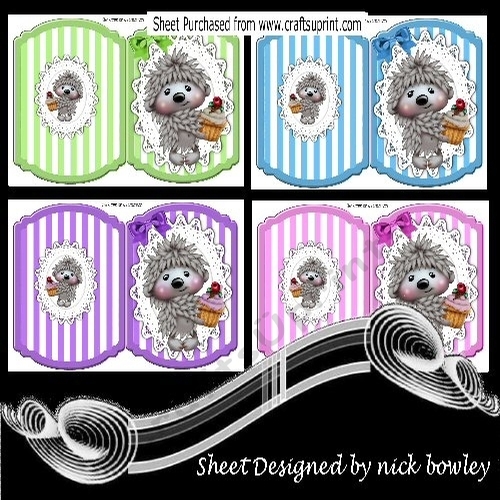 4 Cute Hedgehogs with cupcakes on lace bracket cards mini kits