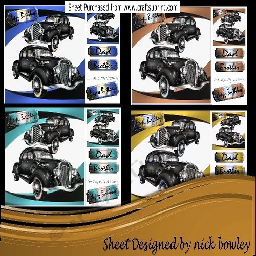 4 Lovely vintage black Cars in coloured 8x8 frames mini kit