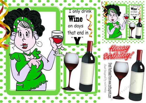 I Only Drink Wine!Lady in green polkadot window frame 8x8