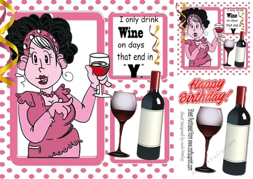 I Only Drink Wine!Lady in pink polkadot window frame 8x8