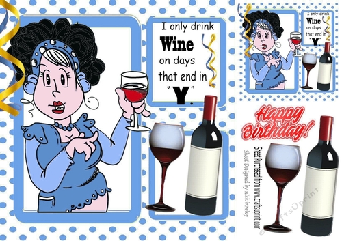 I Only Drink Wine!Lady in blue polkadot window frame 8x8