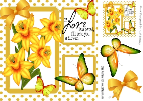 pretty yellow daffodils in polka dot window frame with green butterflies 8x8