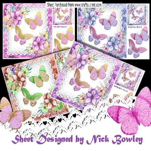 4 Pretty Water Colour flowers with butterflies on lace 8x8  Mini kit