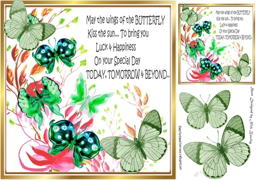 pretty painted flowers with green butterflies card front 8x8