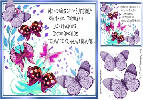 pretty painted flowers with purple butterflies card front 8x8