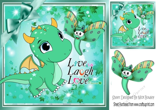 Cute little Green Dragon with toon dragonfly 8x8