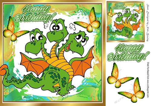 Toony three headed dragon, with butterflies 8x8
