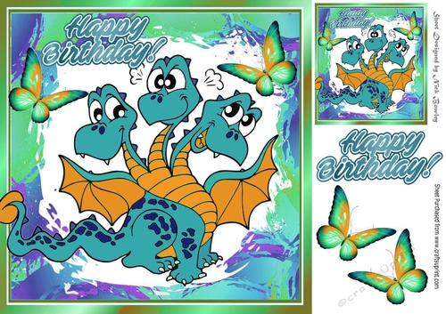 Toony three headed turq dragon, with butterflies 8x8