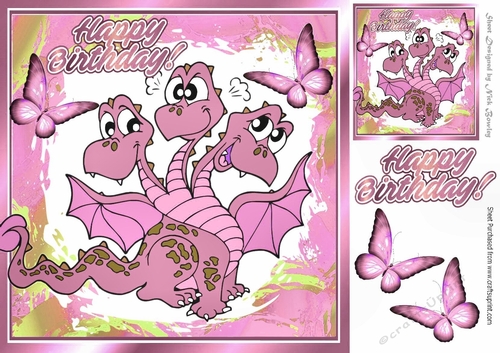 Toony three headed pink dragon, with butterflies 8x8