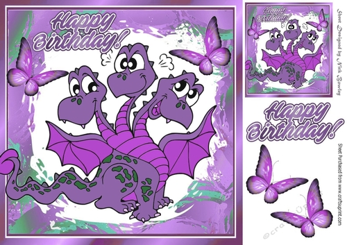 Toony three headed purple dragon, with butterflies 8x8