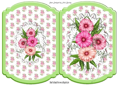 Pretty pink shades of flowers with matching backing with lace bracket card