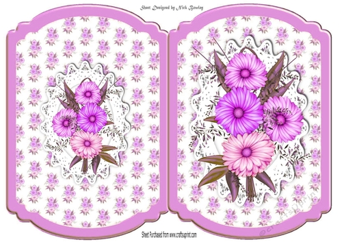 Pretty lilac shades of flowers with matching backing with lace bracket card