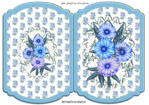 Pretty blue shades of flowers with matching backing with lace bracket card